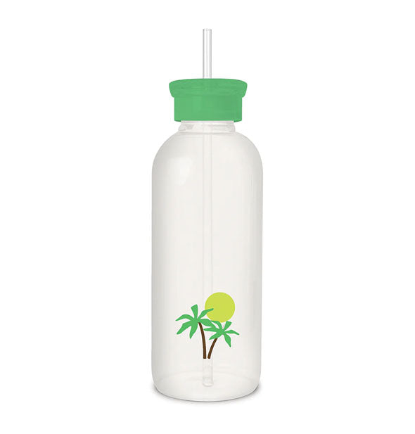 Back view of water bottle with green lid features a smaller palm trees and sun graphic near the bottom