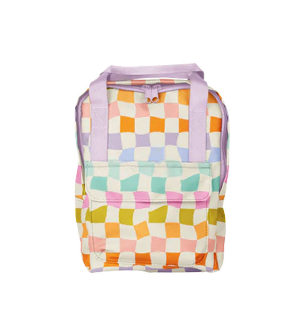 Small backpack with multicolored wavy checker print and purple double zipper closure and top straps