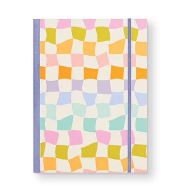 Notebook cover with periwinkle binding and elastic band features a multicolored wavy checker print