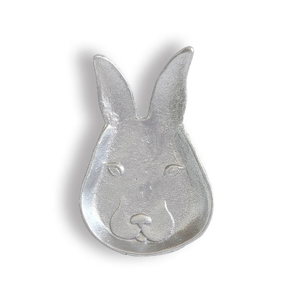 Silver-toned cast iron dish shaped like a rabbit's head