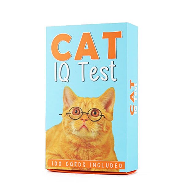 Blue box of 100 Cat IQ Test cards with orange and white lettering and an image of an orange tabby wearing glasses