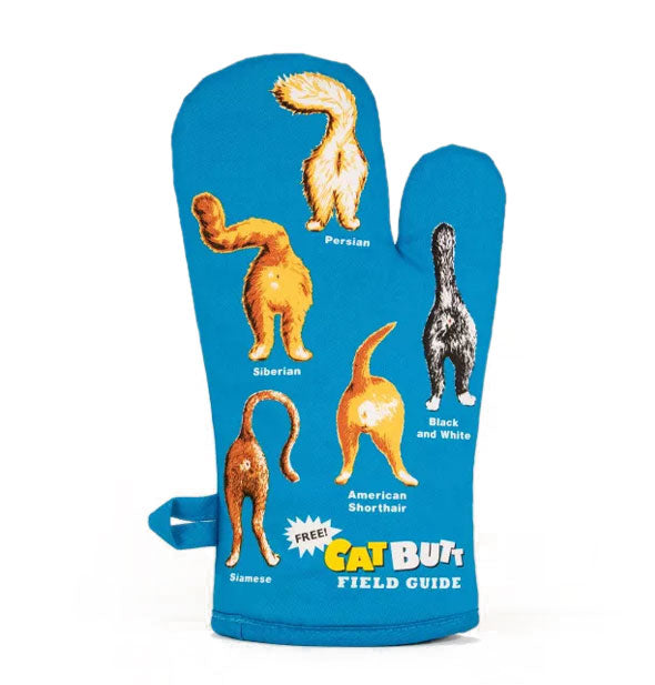 Blue oven mitt features labeled illustrations of the backsides of five cats and the words, "Free Catt Butt Field Guide" at the bottom