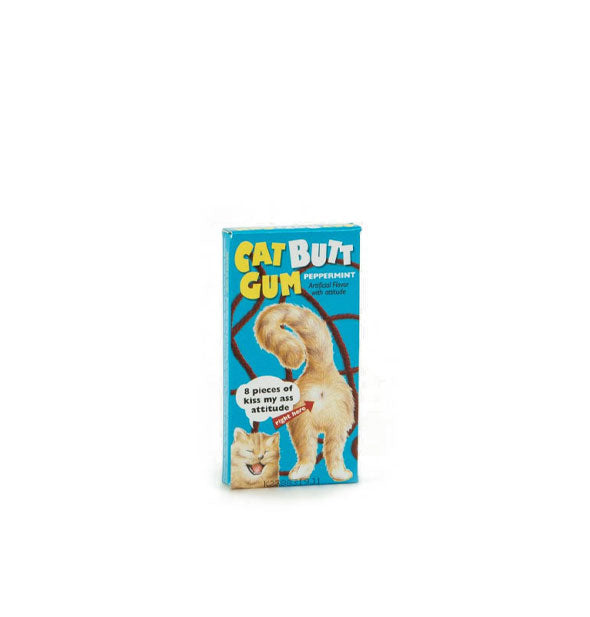 Rectangular pack of peppermint Cat Butt Gum features illustration of a cat's rear end with tail upright and another cat at bottom left saying, "8 pieces of kiss my ass attitude right here"