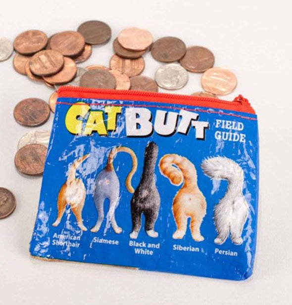 Reverse side of the Cat Butt coin purse spilling out loose change features a "Field Guide" diagram of various cat breeds' butts
