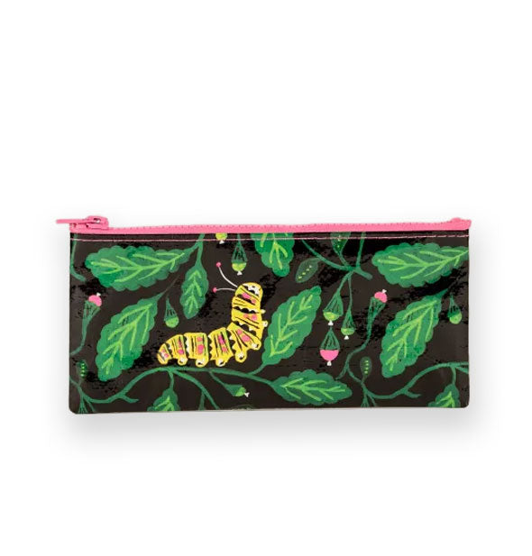 Rectangular black pouch with pink zipper features illustration of a yellow caterpillar crawling on oe of many green bracches with leaves and pink flowers