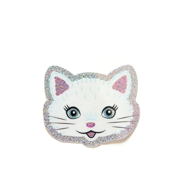 Sticker with white cat face inside a holographic glitter border with glitter details on the insides of the ears, eyes, nose, and mouth