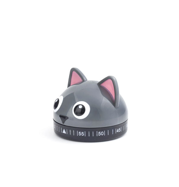 Domed round gray cat head kitchen timer with eyes, nose, and pink ears