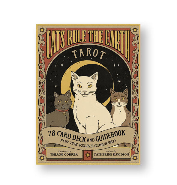 Cats Rule the Earth Tarot card deck and guidebook cover with illustration of three cats in front of a crescent moon with ornate border in muted tones