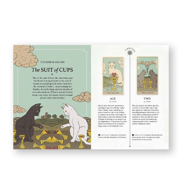 Sample page spread from the Cats Rule the Earth Tarot deck guidebook features a section titled, "The Minor Arcana: The Suit of Cups"