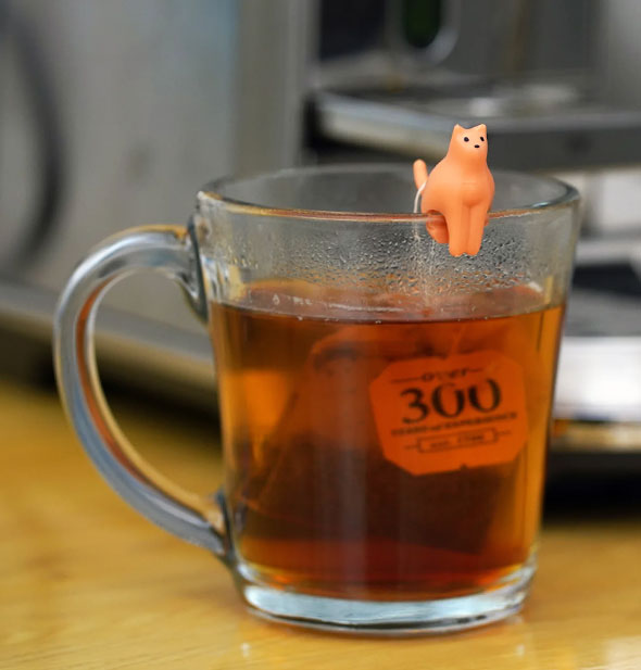 Orange cat figurine perches on the rim of a clear glass mug with the string of a teabag wrapped around its tail