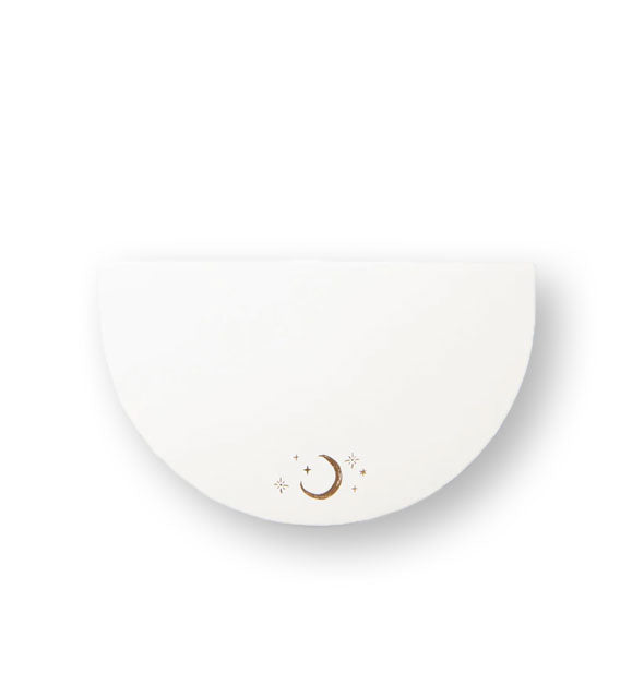 White half-circle notepad with metallic gold foil stamped crescent moon and stars artwork at the bottom