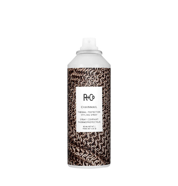 5 ounce can of R+Co Chainmail Thermal Protection Styling Spray