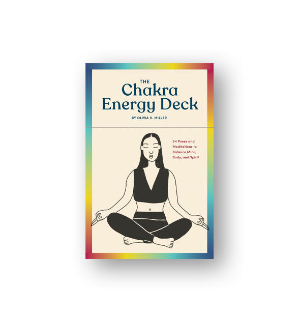 The Chakra Energy Deck box with rainbow ombre border around an illustration of a woman meditating