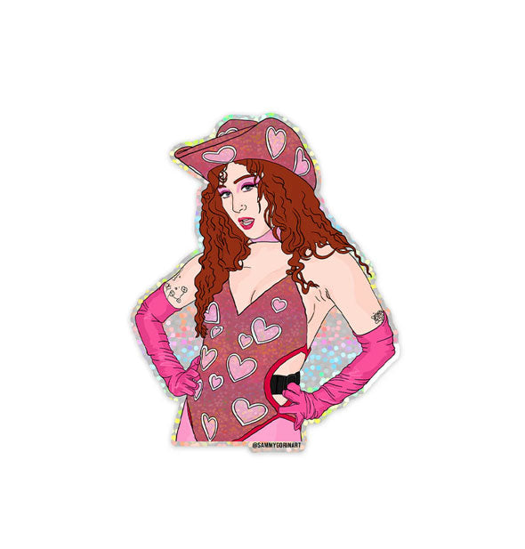 Sticker with illustration of Chappell Roan as she appears in the Pink Pony Club music video in pink heart cowgirl attire with a holographic outline