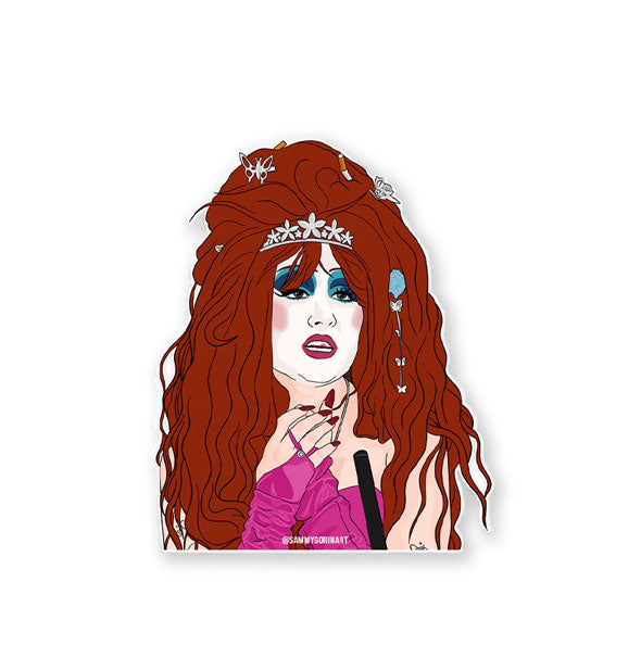 Sticker with illustration of Chappell Roan as she appeared on NPR's Tiny Desk Concert series wearing a tiara, blue eyeshadow, and pink fingerless gloves