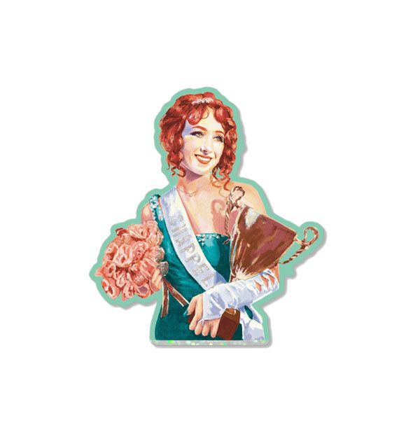 Sticker features illustration of Chappell Roan wearing a gown and sash and holding a flower bouquet and trophy