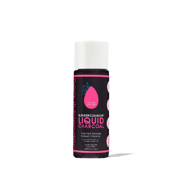 Black bottle of BlenderCleanser Liquid Charcoal with pink lettering and white cap