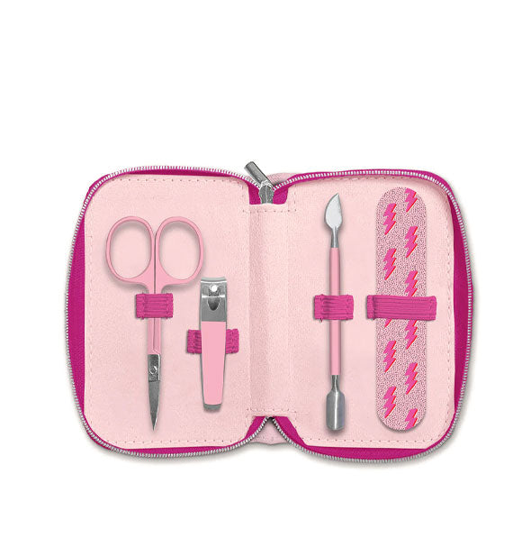 Opened manicure kit shows tools inside secured by pink elastic bands