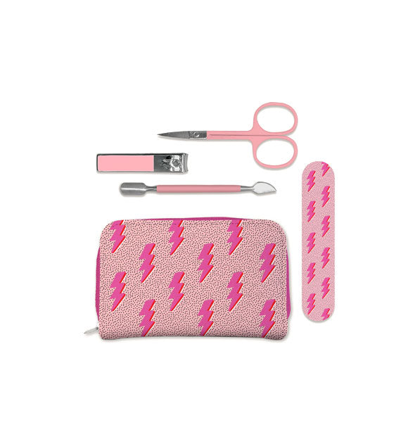 Manicure set with pink lightning bolt print pouch and file plus pink-handled clippers, cuticle pusher, and scissors