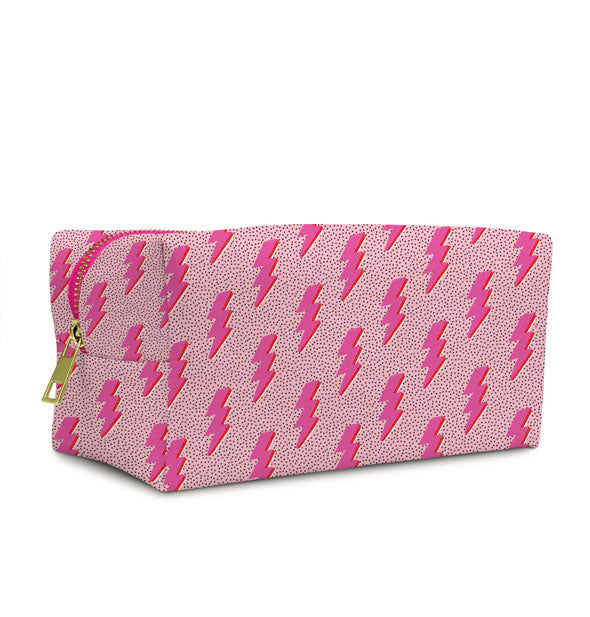 Rectangular zippered pouch with pink lightning bolt print