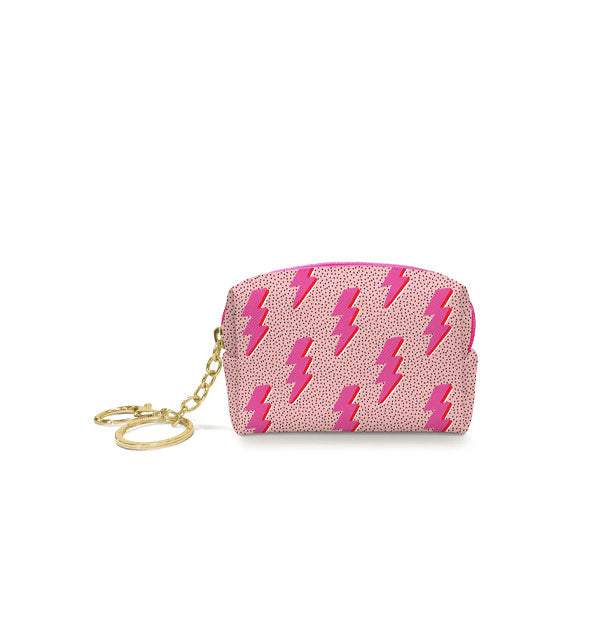 Keychain pouch with pink lightning bolt print and gold hardware