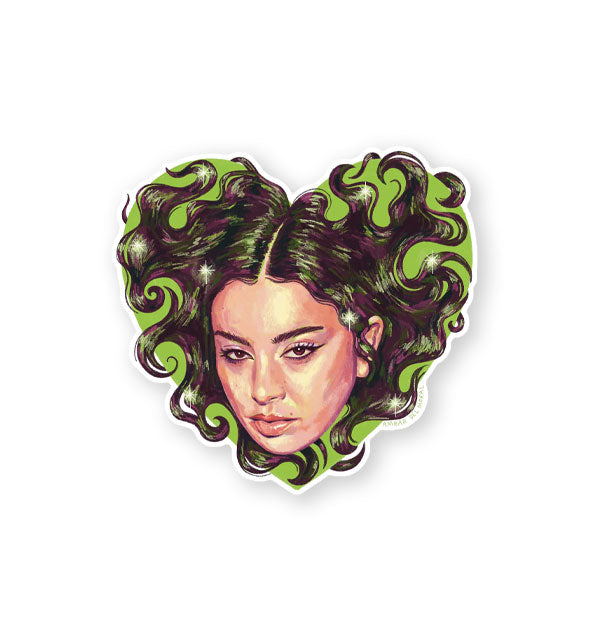 Sticker with illustration of Charlie xcx with hair spread out across a green heart background