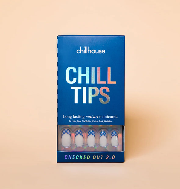 Blue pack of Chillhouse Chill Tips press-on nails in the style Checked Out 2.0: a French manicure style with blue checker print tips