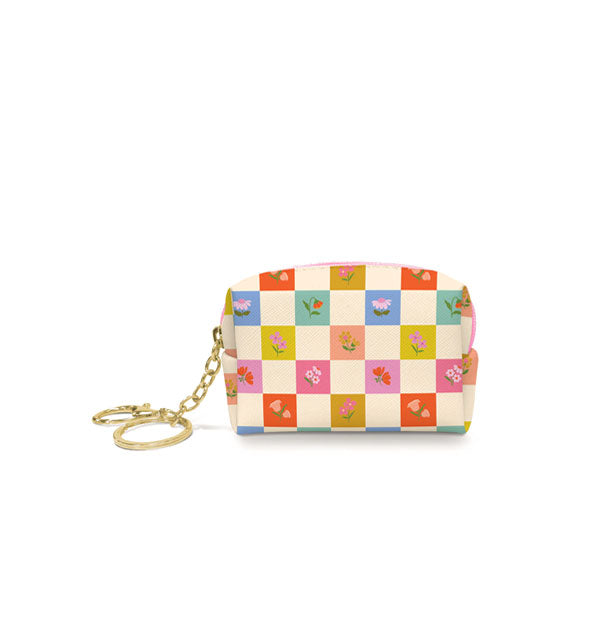Small pouch with colorful checkerboard print accented with small floral illustrations and with gold keychain hardware attachment