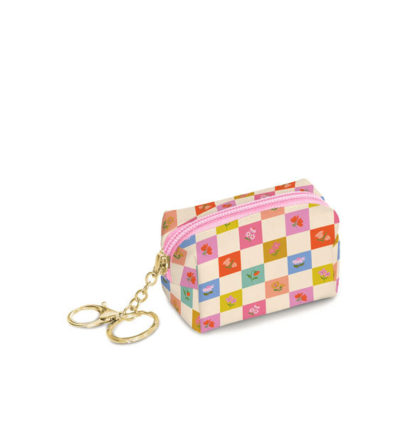 Small floral checkered keychain pouch features a pink zipper
