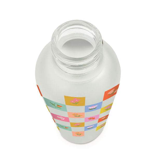 Top view of the opening of the Checkerboard Blooms glass water bottle