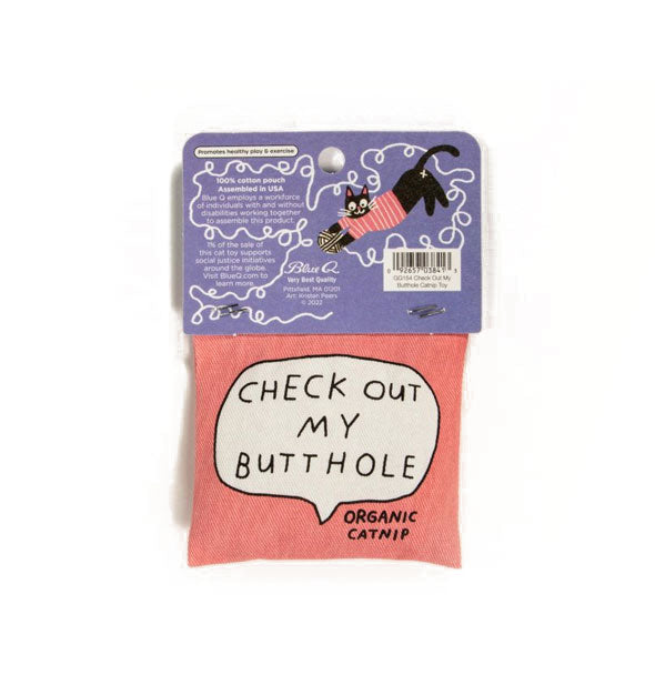 Reverse side of catnip pouch features a larger speech bubble illustration saying, "Check out my butthole" on a pink background