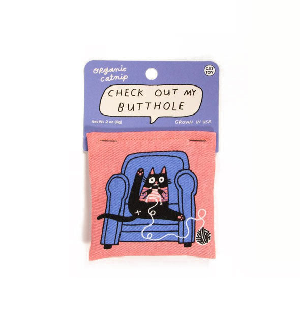 Square catnip pouch on product card that says, "Check out my butthole" in a speech bubble features illustration of a black in a pink sweater knitting with a white string of yarn on a purple chair with its back legs splayed