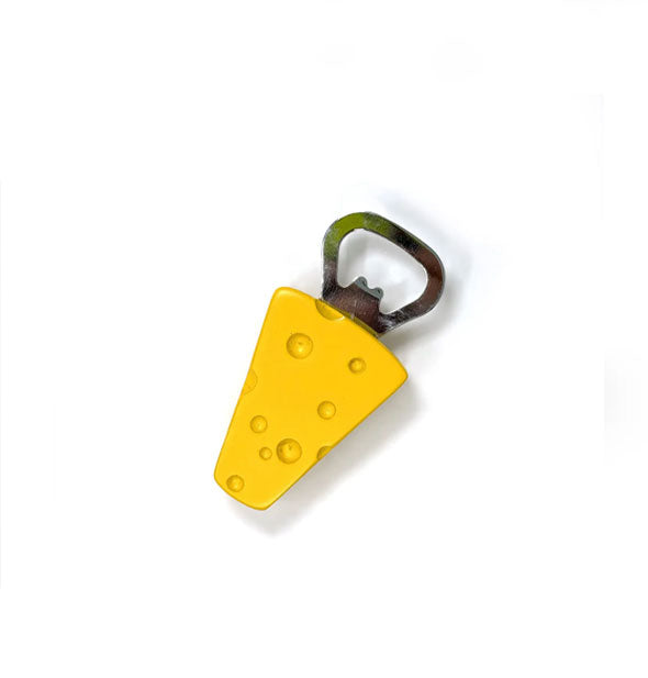 Bottle opener with yellow Swiss cheese wedge body