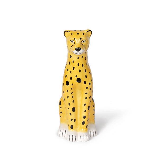 Yellow ceramic sitting cheetah vase with black spots and white snout and paw accents