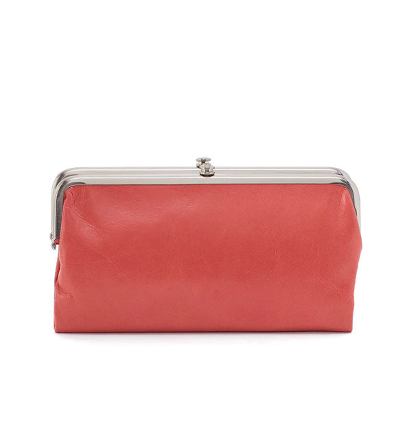 Salmon-colored leather wallet with silver-toned frame hardware
