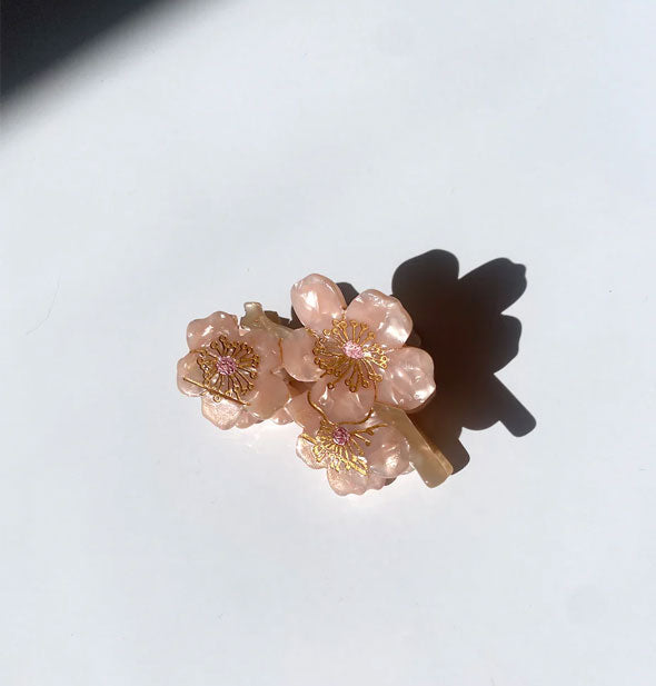 Light pink quartz-effect chery blossoms cluster hair claw clip with gold detailing