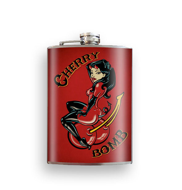 Red flask with illustrated "Cherry Bomb" pinu pmodel design