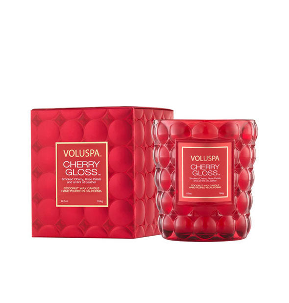 Nubby red glass Cherry Gloss Voluspa candle jar with matching box