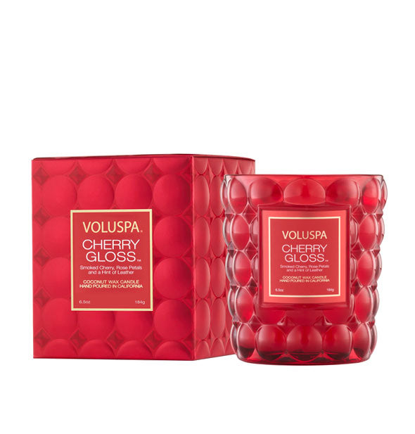 Nubby red glass Cherry Gloss Voluspa candle jar with matching box