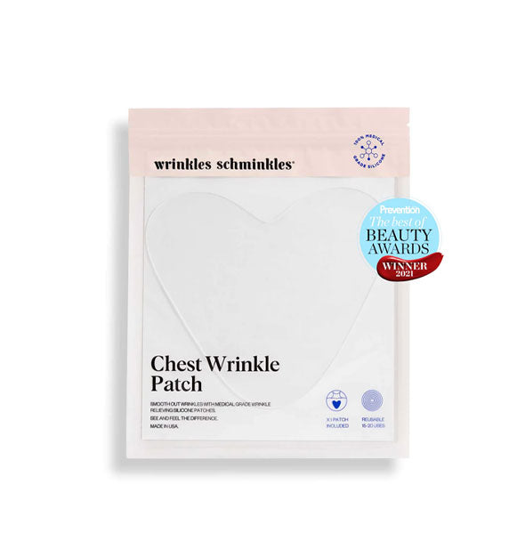 Wrinkles Schminkles Chest Wrinkle Patch packet with Prevention Magazine Beauty Awards winner label overlaid to the right