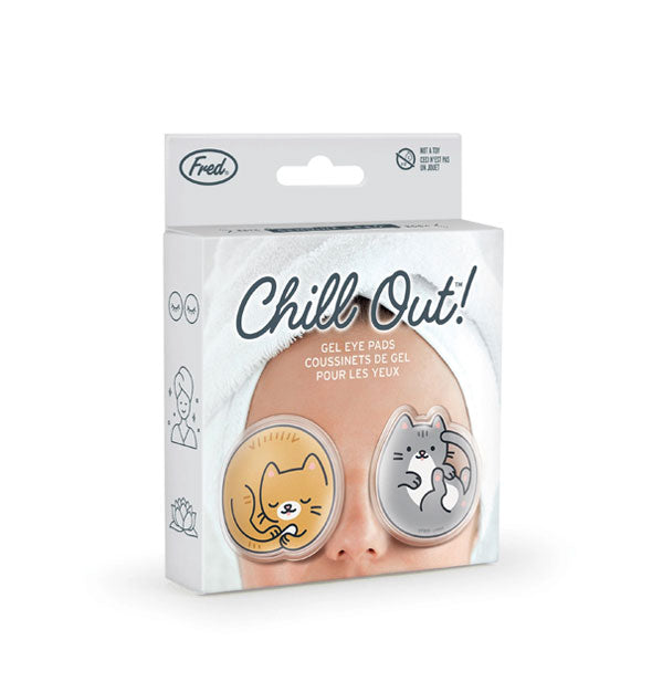Pack of Chill Out! Gel Eye Pads by Fred resembling curled-up cartoon kittens: one tan and one gray