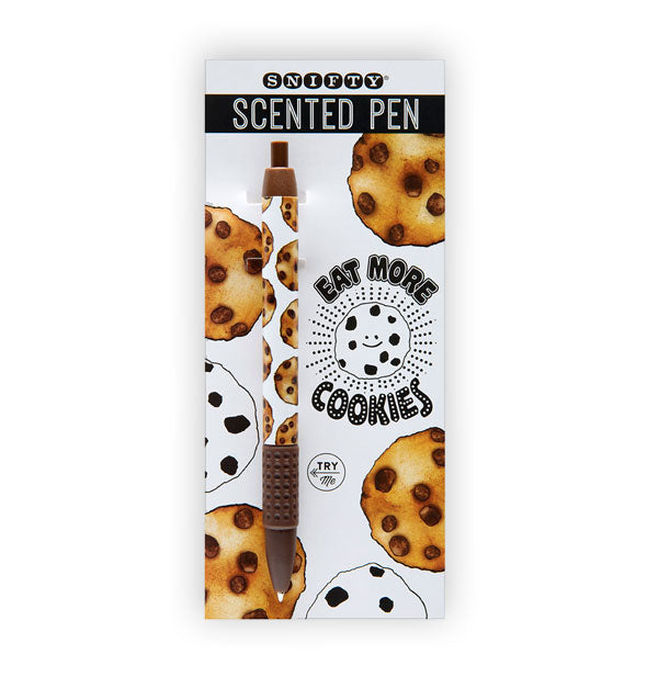 Scented Pen by Snifty features brown tip, cap, grip, and chocolate chip cookie pattern on a white barrel background is attached to a product card with matching pattern that says, "Eat More Cookies"