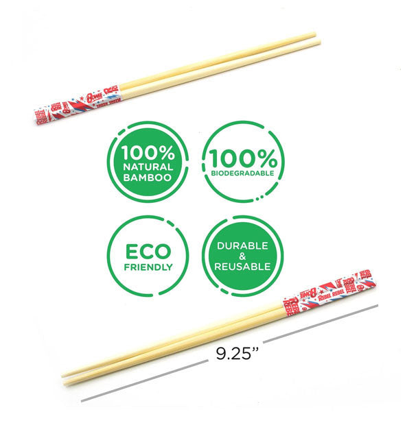 Two pairs of David Bowie chopsticks are labeled, "100% natural bamboo; 100% biodegradable; Eco-friendly; Durable & reusable" and marked 9.25 inches long