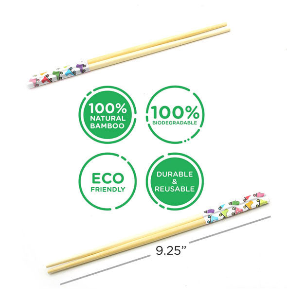 Bamboo Roller Skates Chopsticks are labeled, "100% natural bamboo; 100% biodegradable; Eco-friendly; Durable & reusable"