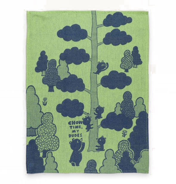 Unfolded dish towel reveals all-over bears and forest illustration