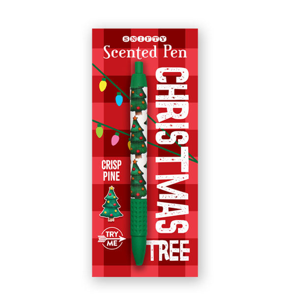 Christmas Tree Scented Pen by Snifty on red plaid product card features a green tip, cap, and grip, and Christmas trees print on a white barrel body