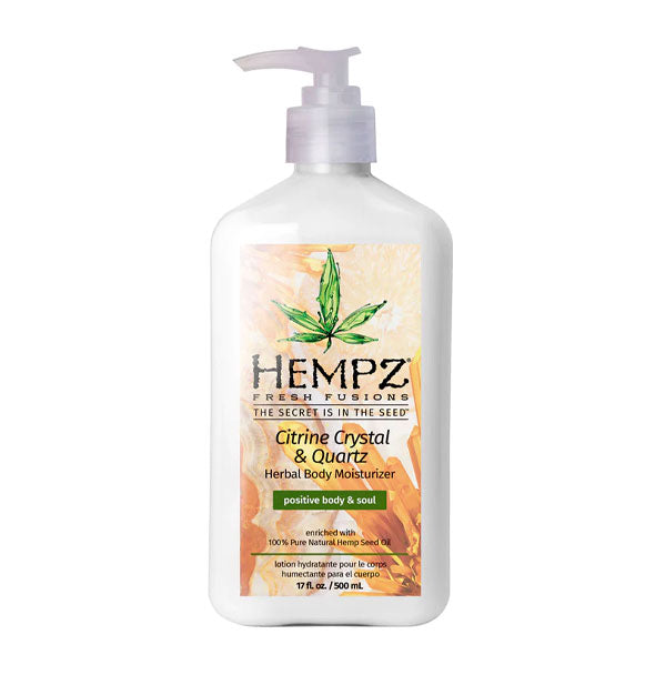 White 17 ounce bottle of Hempz Fresh Fusions Citrine Crystal & Quartz Herbal Body Moisturizer with amber-colored crystal label motif and green design accents