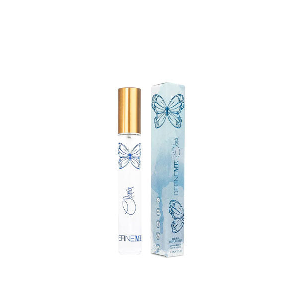 Slender tube of Clara perfume by DefineMe with blue box, both adorned with blue butterfly graphics