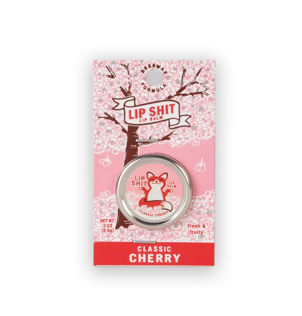 Pot of Classic Cherry Lip Shit Lip Balm on product card features monochromatic red panda illustration and a tree full of cherry blossoms
