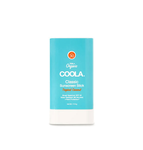 Blue rectangular tube of Coola Classic Sunscreen Stick in Tropical Coconut scent